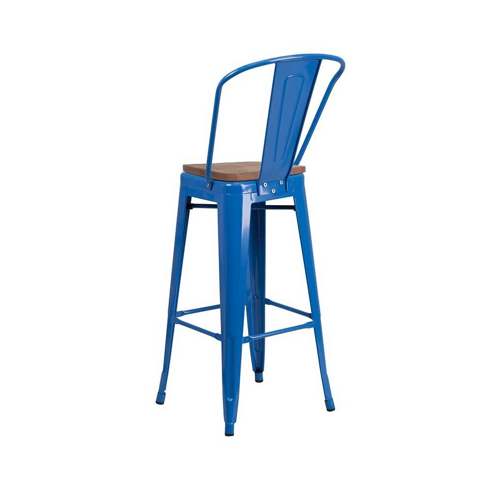 30" High Blue Metal Barstool with Back and Wood Seat