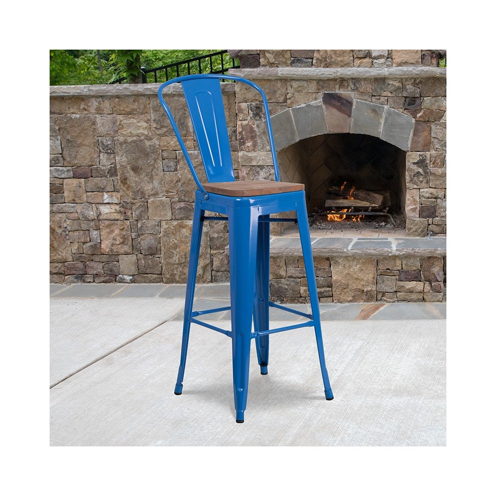30" High Blue Metal Barstool with Back and Wood Seat