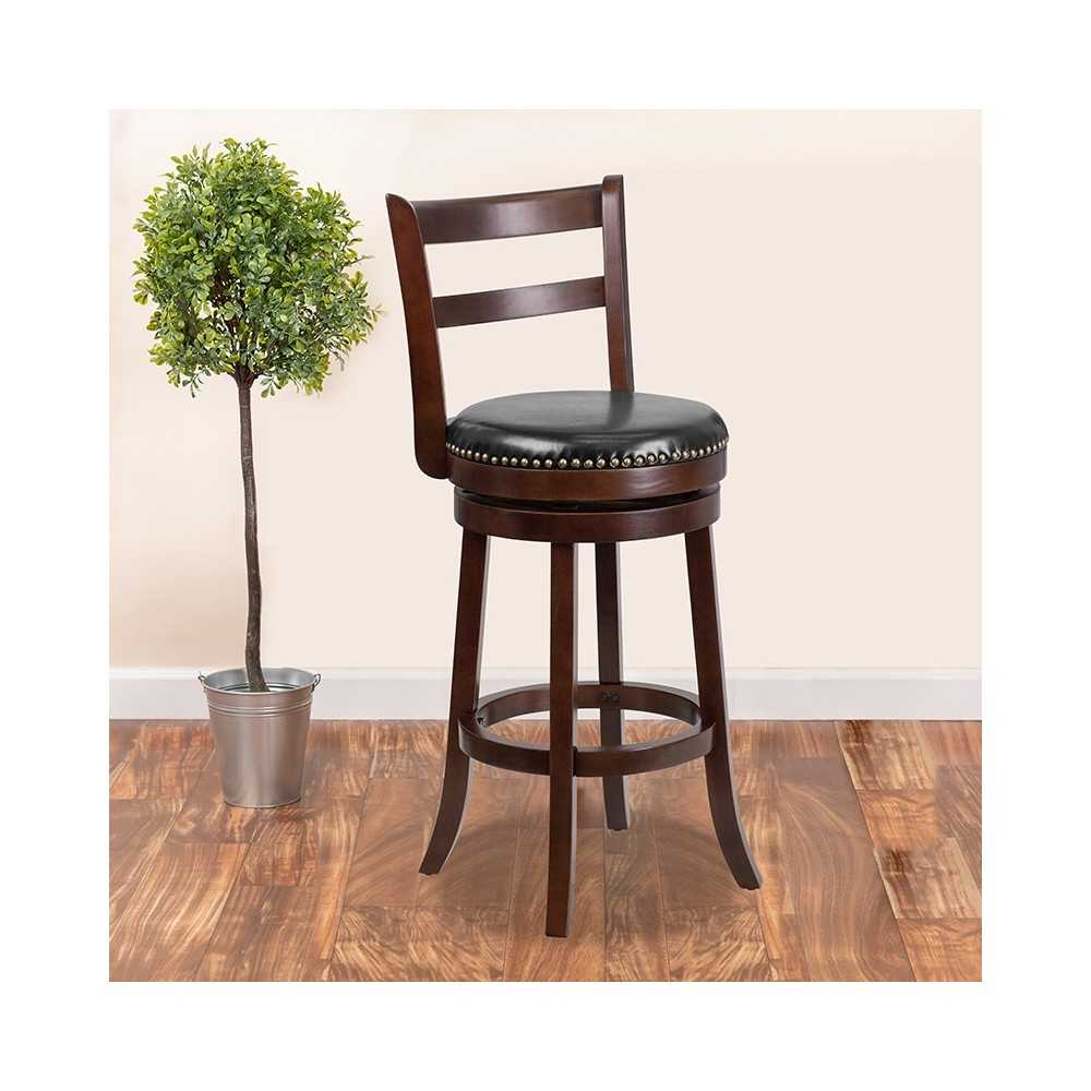 30'' High Cappuccino Wood Barstool with Single Slat Ladder Back and Black LeatherSoft Swivel Seat