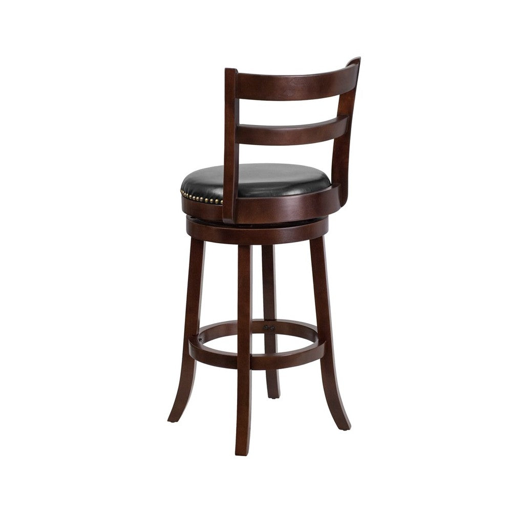 30'' High Cappuccino Wood Barstool with Single Slat Ladder Back and Black LeatherSoft Swivel Seat