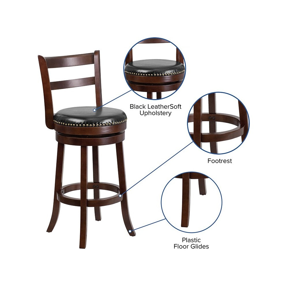 30'' High Cappuccino Wood Barstool with Single Slat Ladder Back and Black LeatherSoft Swivel Seat