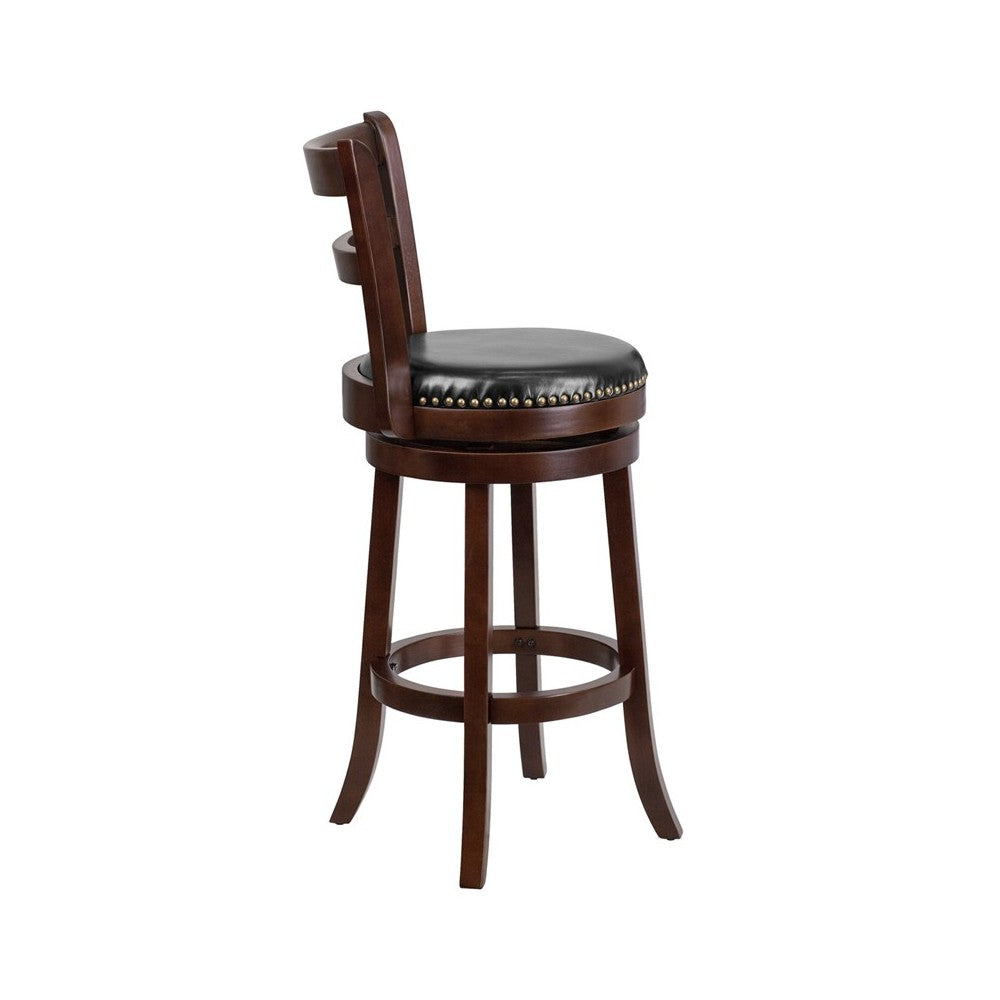 30'' High Cappuccino Wood Barstool with Single Slat Ladder Back and Black LeatherSoft Swivel Seat