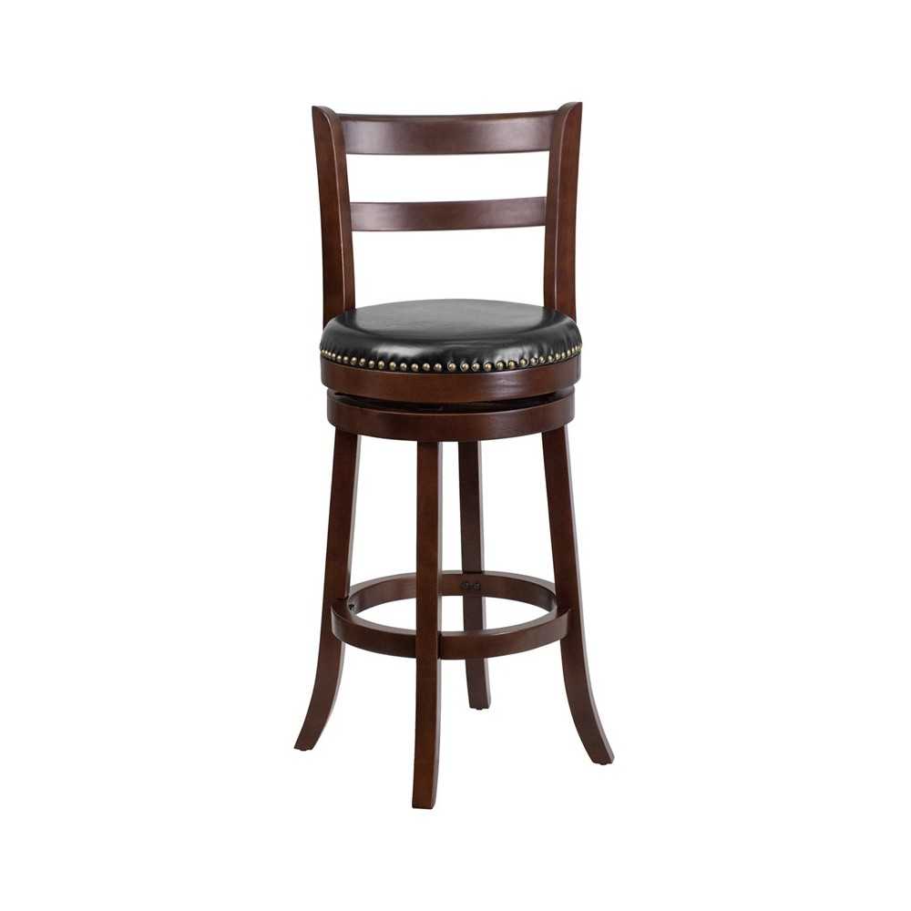 30'' High Cappuccino Wood Barstool with Single Slat Ladder Back and Black LeatherSoft Swivel Seat