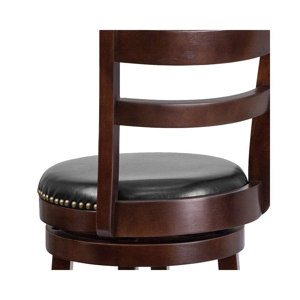 30'' High Cappuccino Wood Barstool with Single Slat Ladder Back and Black LeatherSoft Swivel Seat