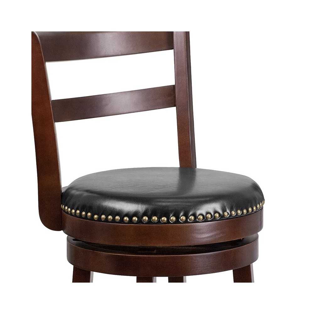 30'' High Cappuccino Wood Barstool with Single Slat Ladder Back and Black LeatherSoft Swivel Seat