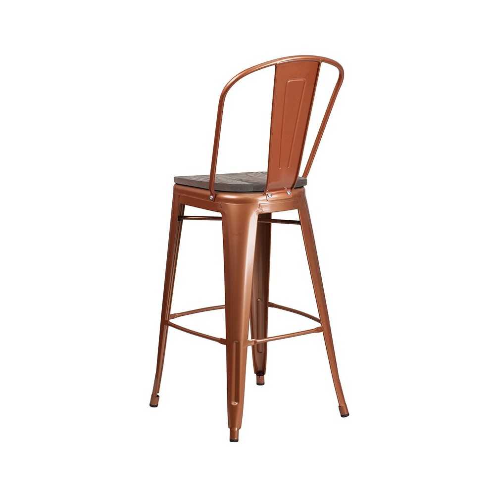 30" High Copper Metal Barstool with Back and Wood Seat