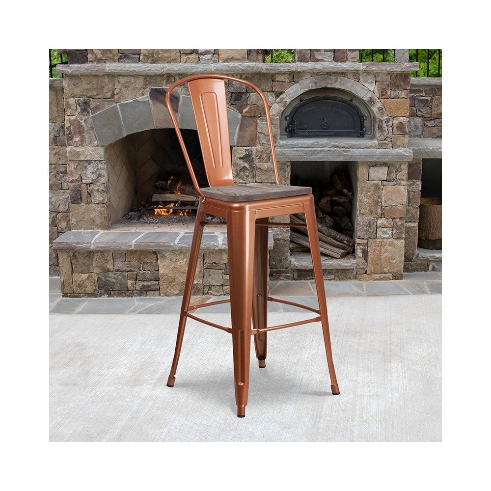 30" High Copper Metal Barstool with Back and Wood Seat