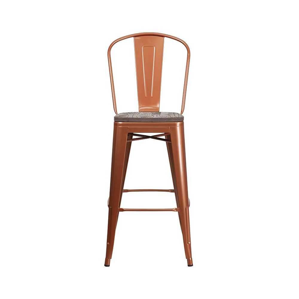 30" High Copper Metal Barstool with Back and Wood Seat