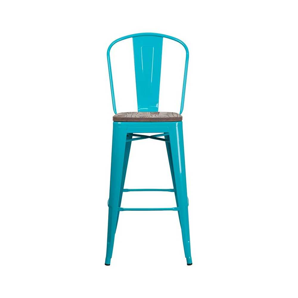 30" High Crystal Teal-Blue Metal Barstool with Back and Wood Seat