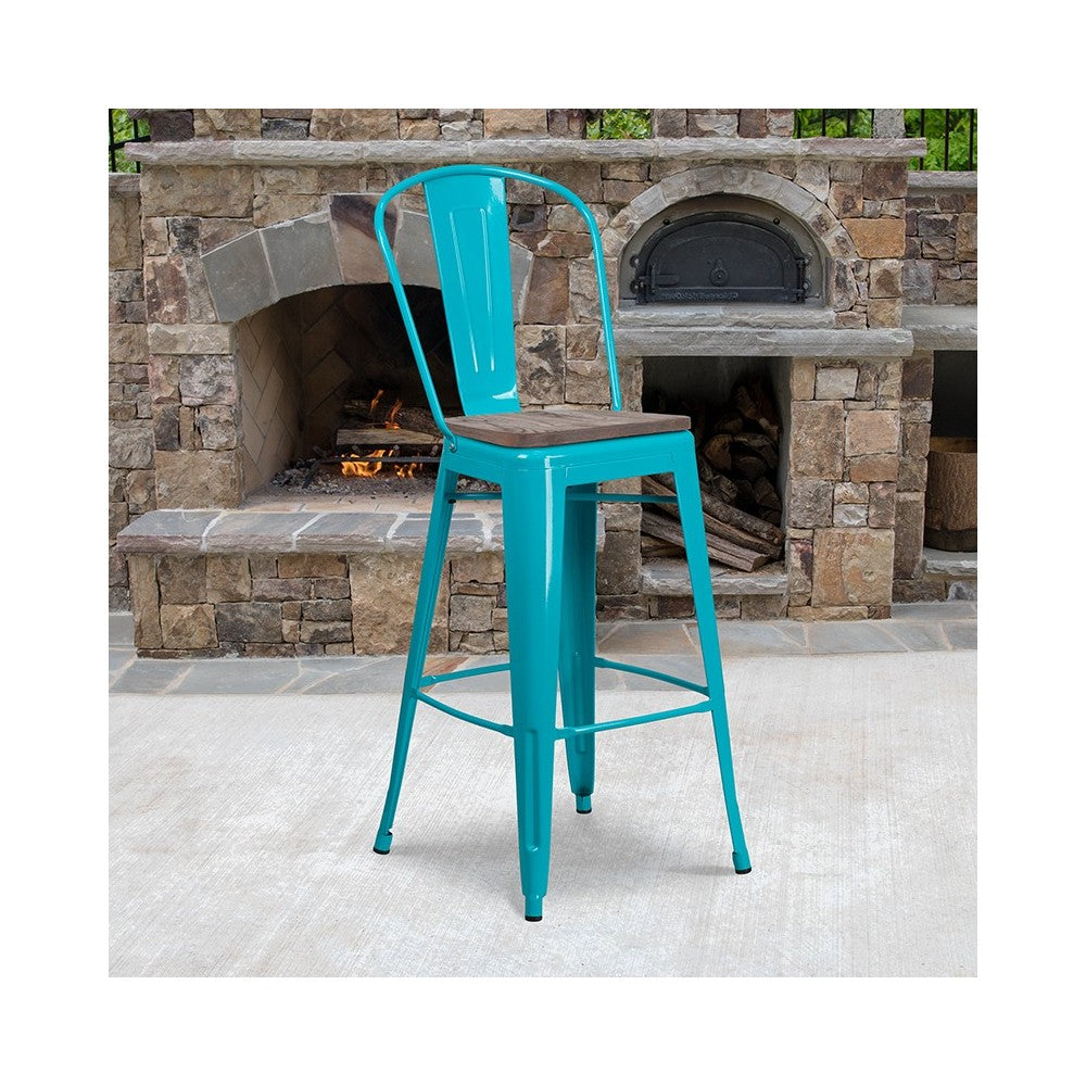 30" High Crystal Teal-Blue Metal Barstool with Back and Wood Seat