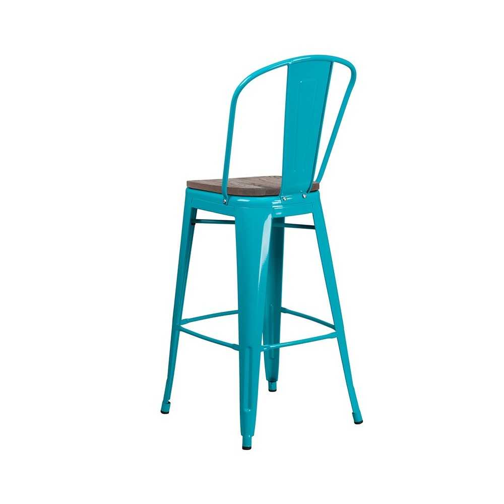 30" High Crystal Teal-Blue Metal Barstool with Back and Wood Seat