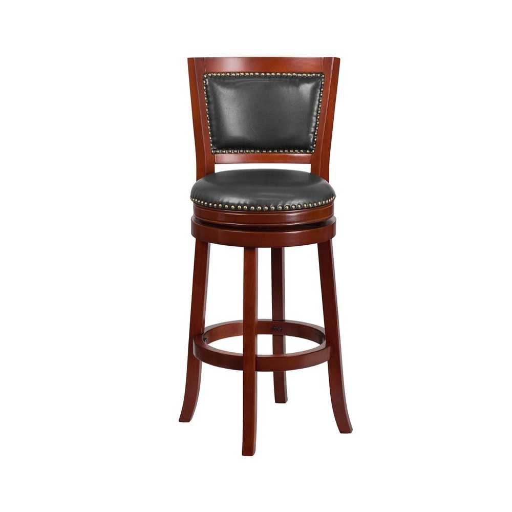 30'' High Dark Cherry Wood Barstool with Open Panel Back and Walnut LeatherSoft Swivel Seat