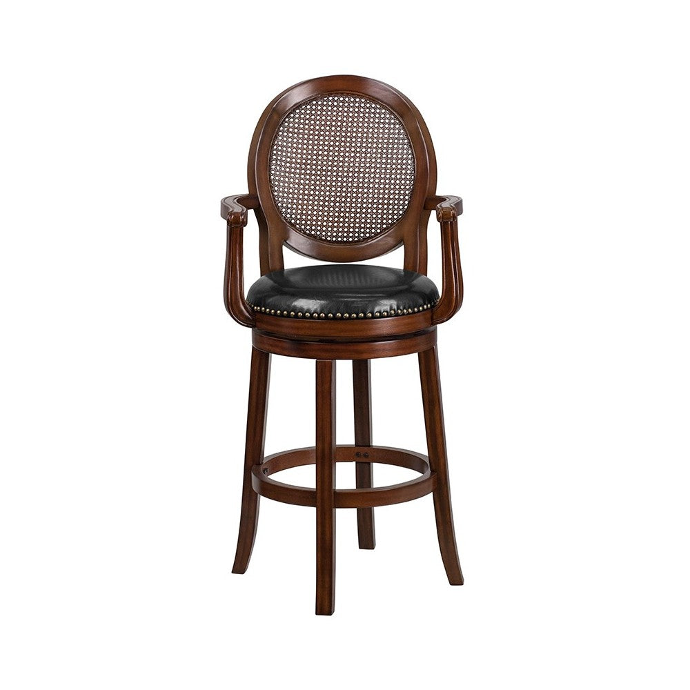 30'' High Expresso Wood Barstool with Arms, Woven Rattan Back and Black LeatherSoft Swivel Seat
