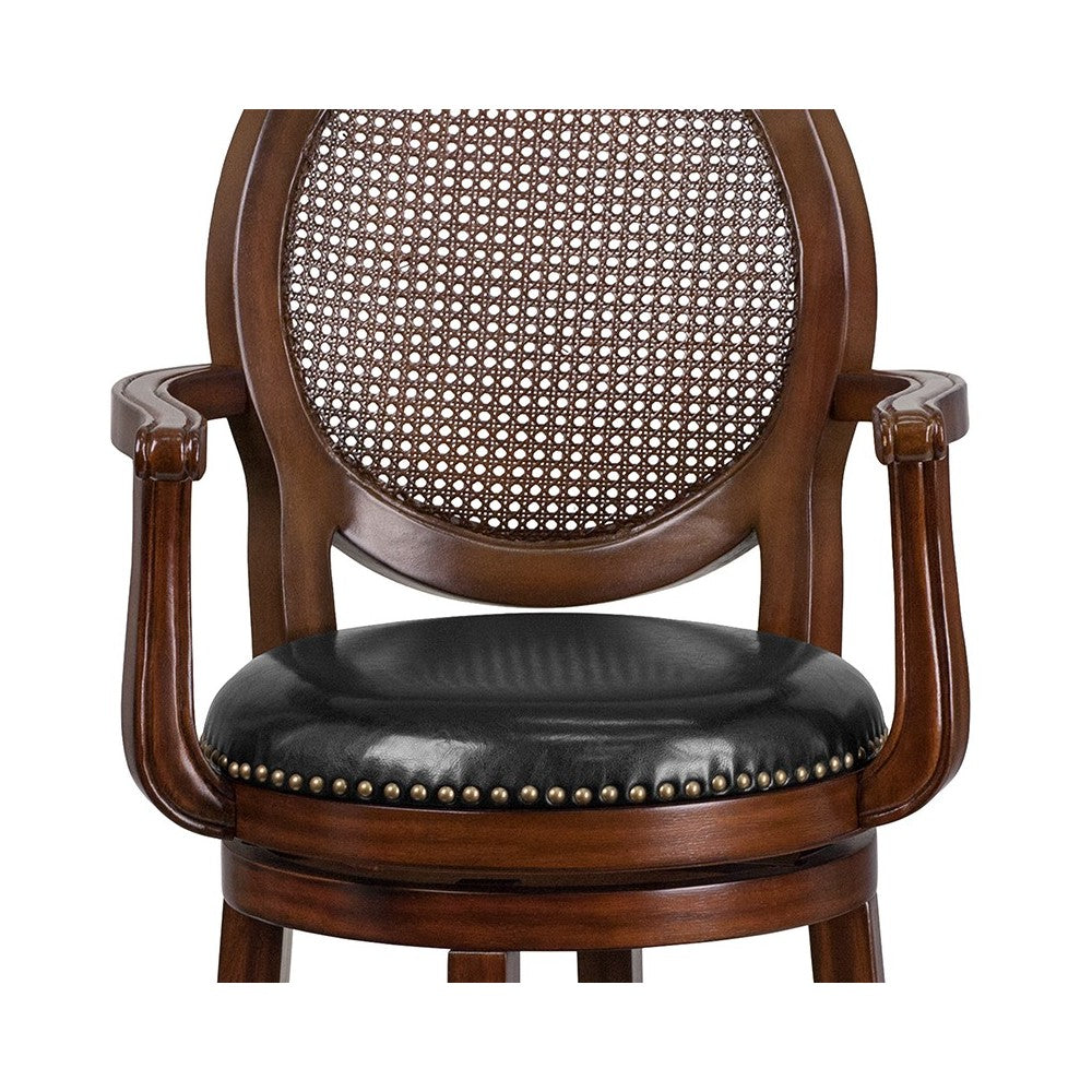 30'' High Expresso Wood Barstool with Arms, Woven Rattan Back and Black LeatherSoft Swivel Seat