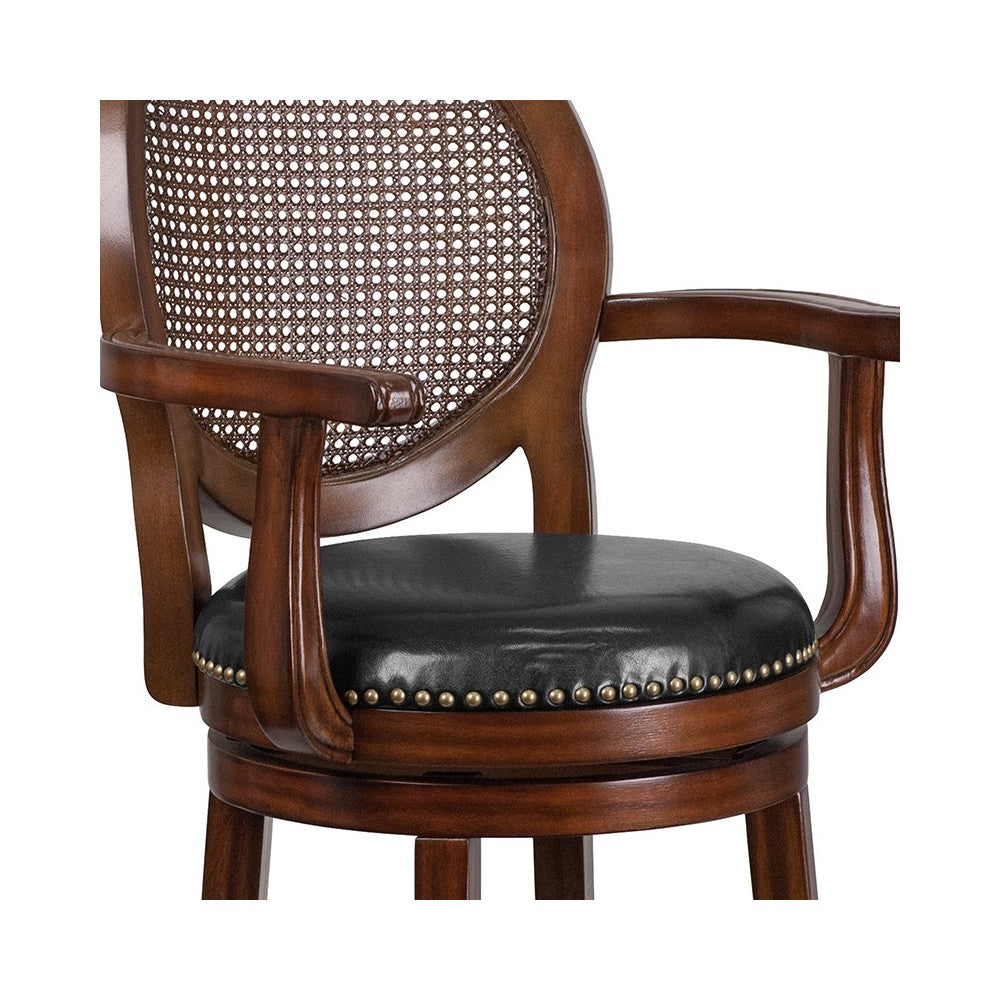 30'' High Expresso Wood Barstool with Arms, Woven Rattan Back and Black LeatherSoft Swivel Seat
