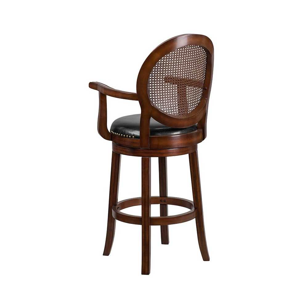30'' High Expresso Wood Barstool with Arms, Woven Rattan Back and Black LeatherSoft Swivel Seat