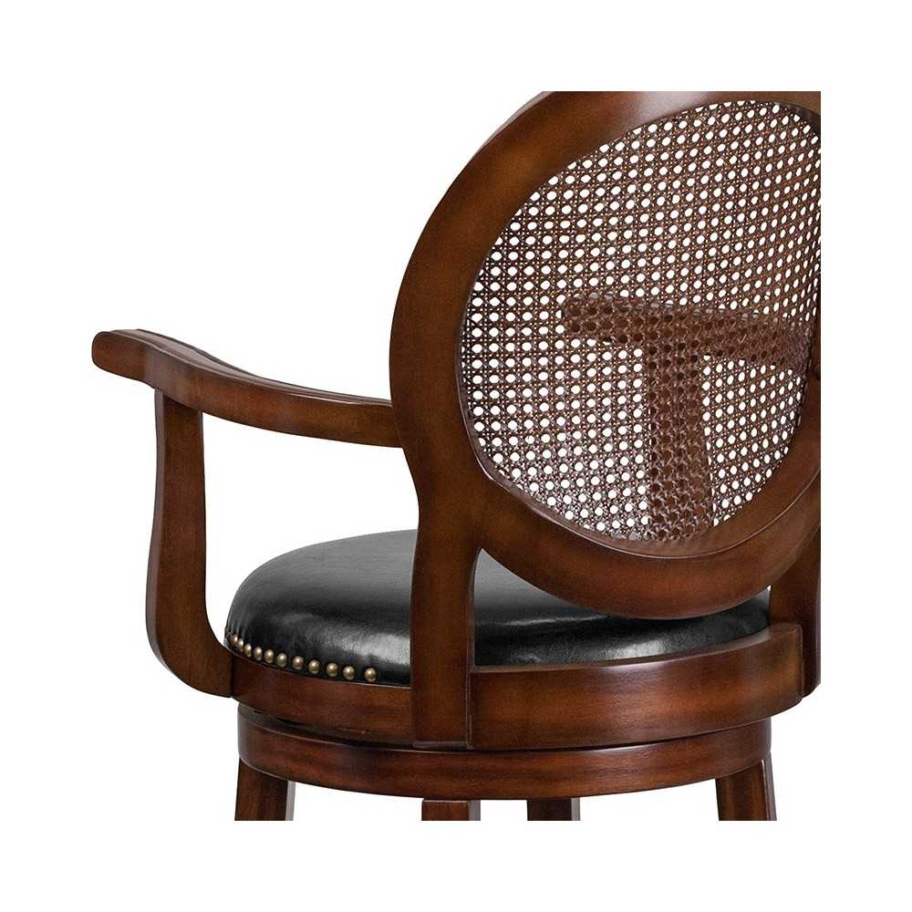 30'' High Expresso Wood Barstool with Arms, Woven Rattan Back and Black LeatherSoft Swivel Seat