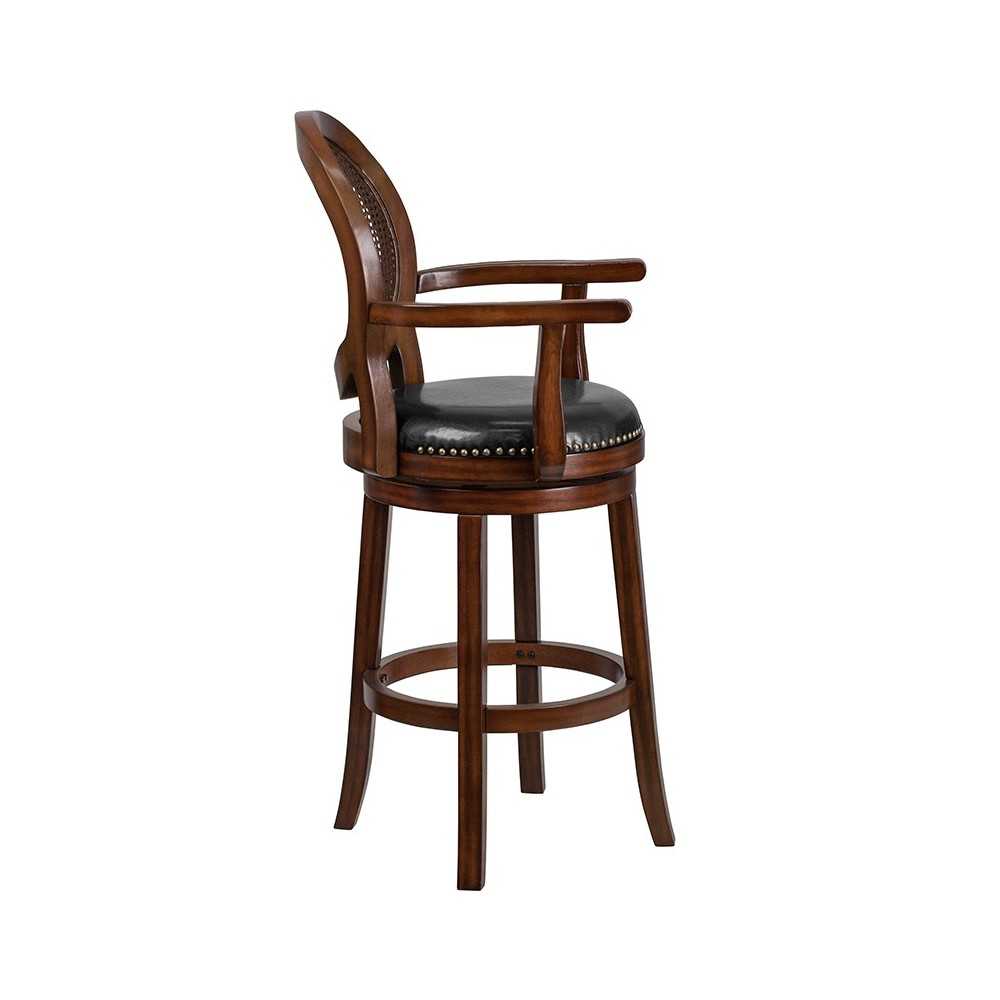 30'' High Expresso Wood Barstool with Arms, Woven Rattan Back and Black LeatherSoft Swivel Seat