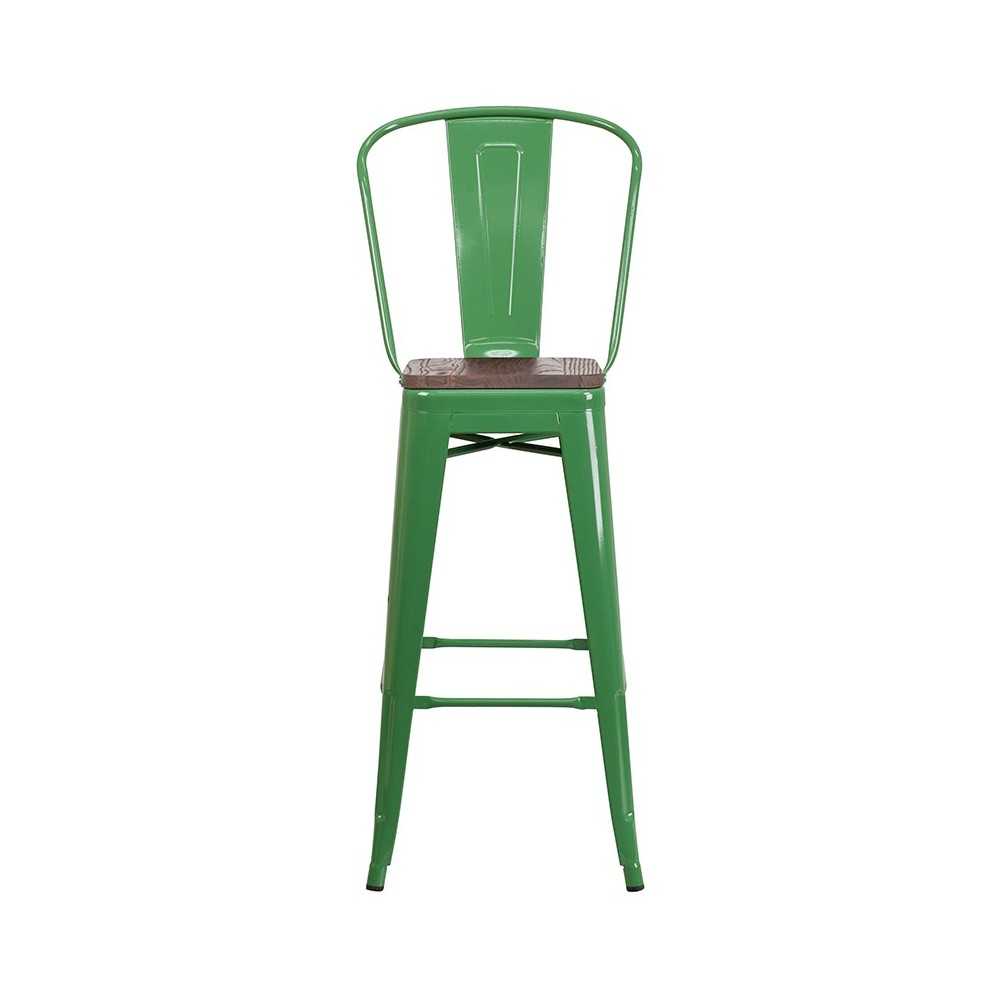 30" High Green Metal Barstool with Back and Wood Seat