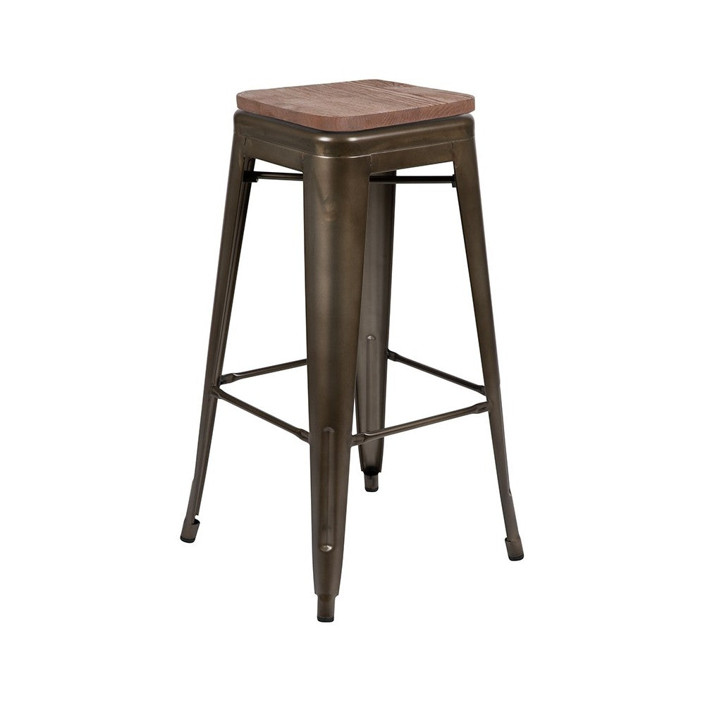 30" High Metal Indoor Bar Stool with Wood Seat in Gun Metal Gray - Stackable Set of 4