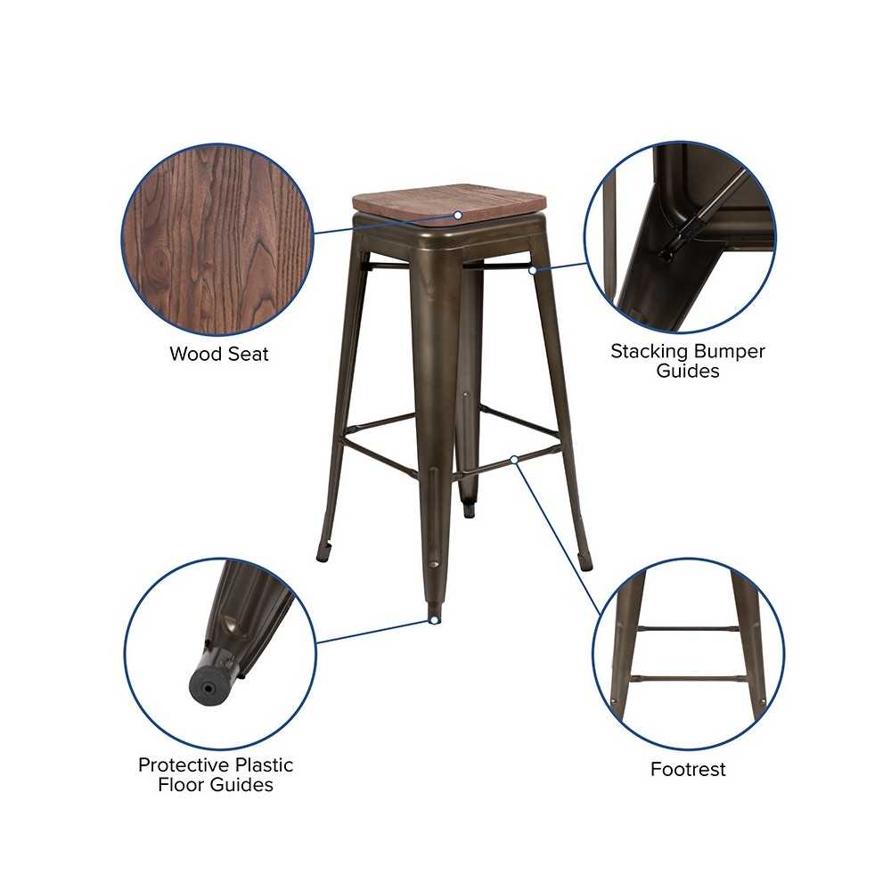 30" High Metal Indoor Bar Stool with Wood Seat in Gun Metal Gray - Stackable Set of 4