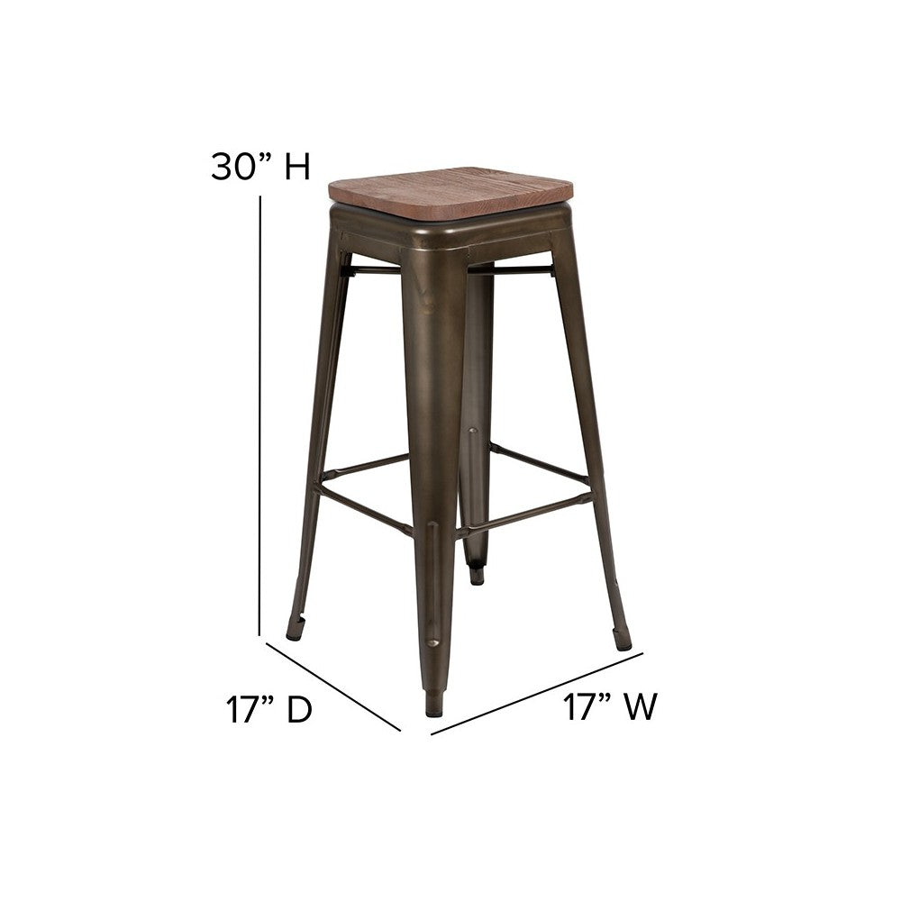 30" High Metal Indoor Bar Stool with Wood Seat in Gun Metal Gray - Stackable Set of 4