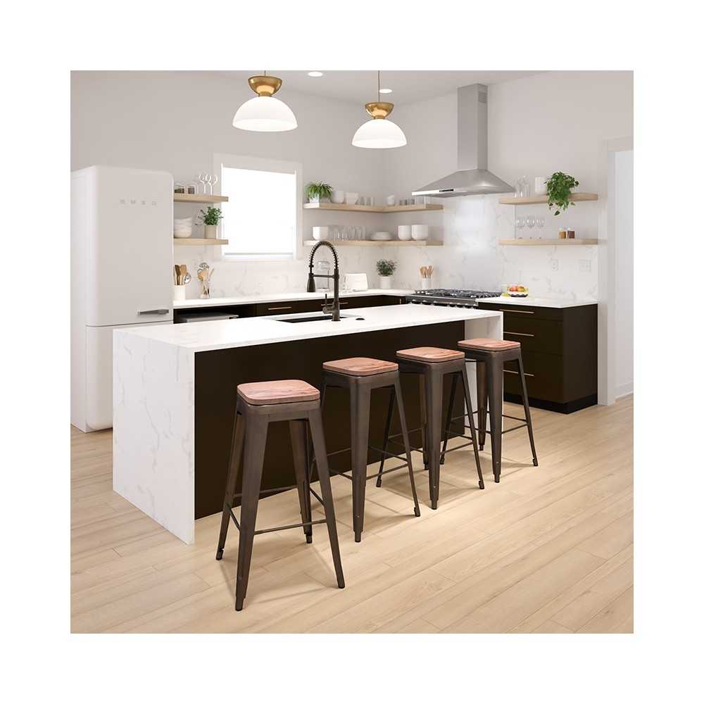30" High Metal Indoor Bar Stool with Wood Seat in Gun Metal Gray - Stackable Set of 4