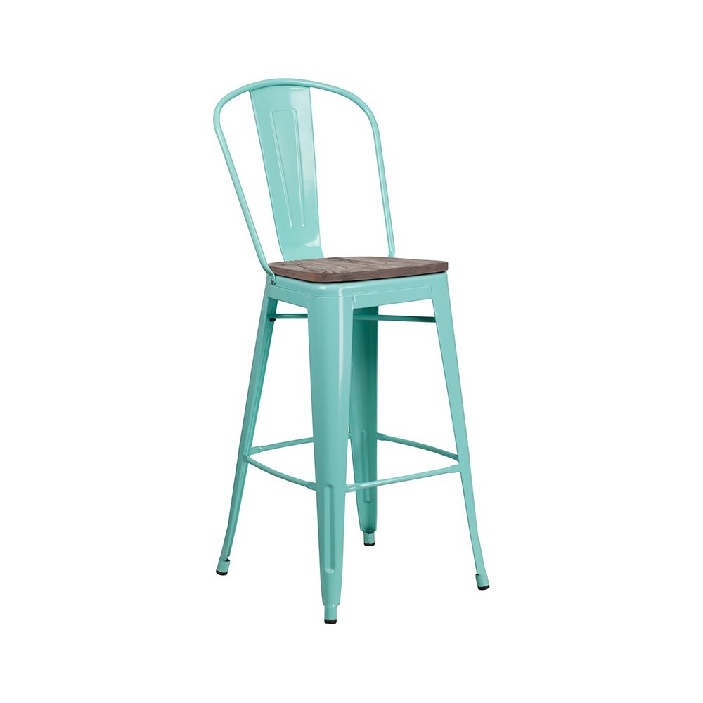 30" High Mint Green Metal Barstool with Back and Wood Seat