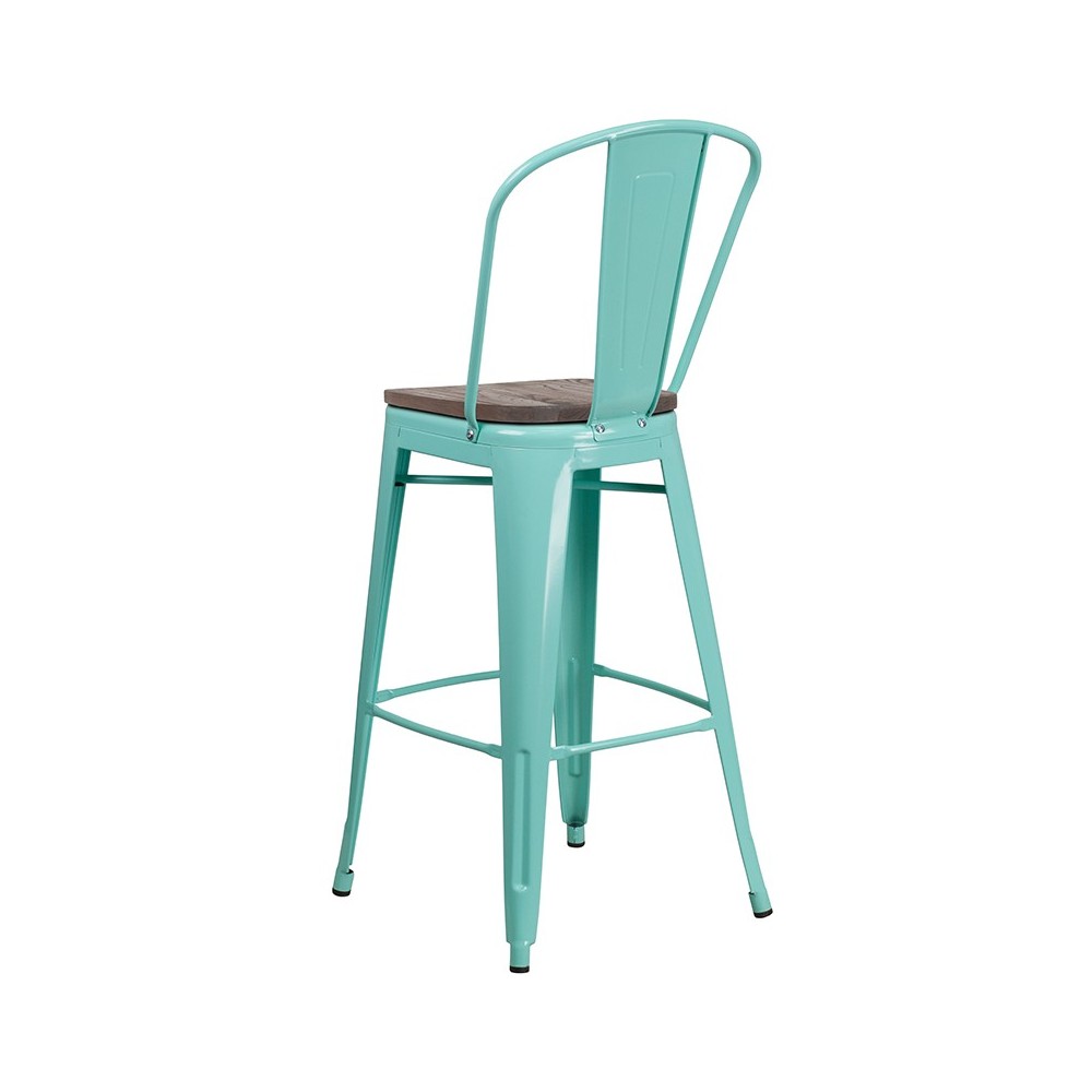 30" High Mint Green Metal Barstool with Back and Wood Seat
