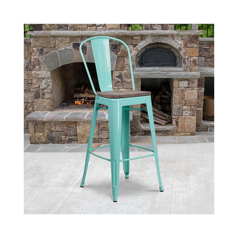 30" High Mint Green Metal Barstool with Back and Wood Seat