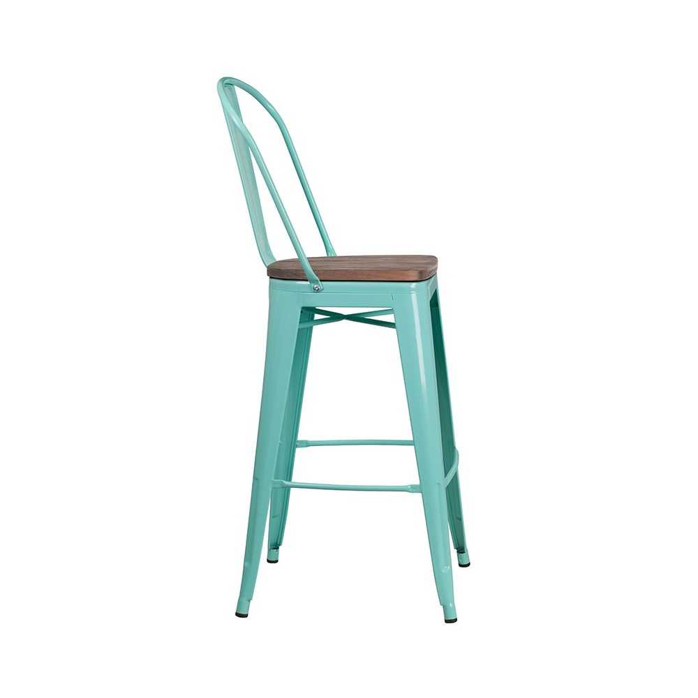 30" High Mint Green Metal Barstool with Back and Wood Seat