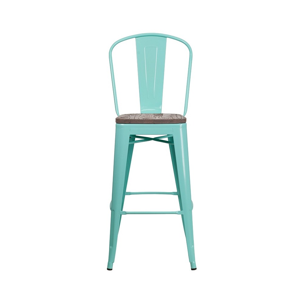 30" High Mint Green Metal Barstool with Back and Wood Seat