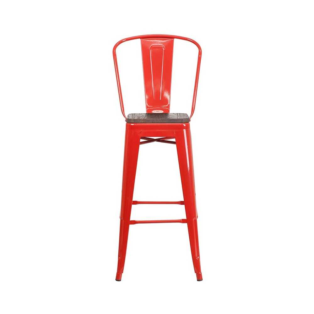 30" High Red Metal Barstool with Back and Wood Seat