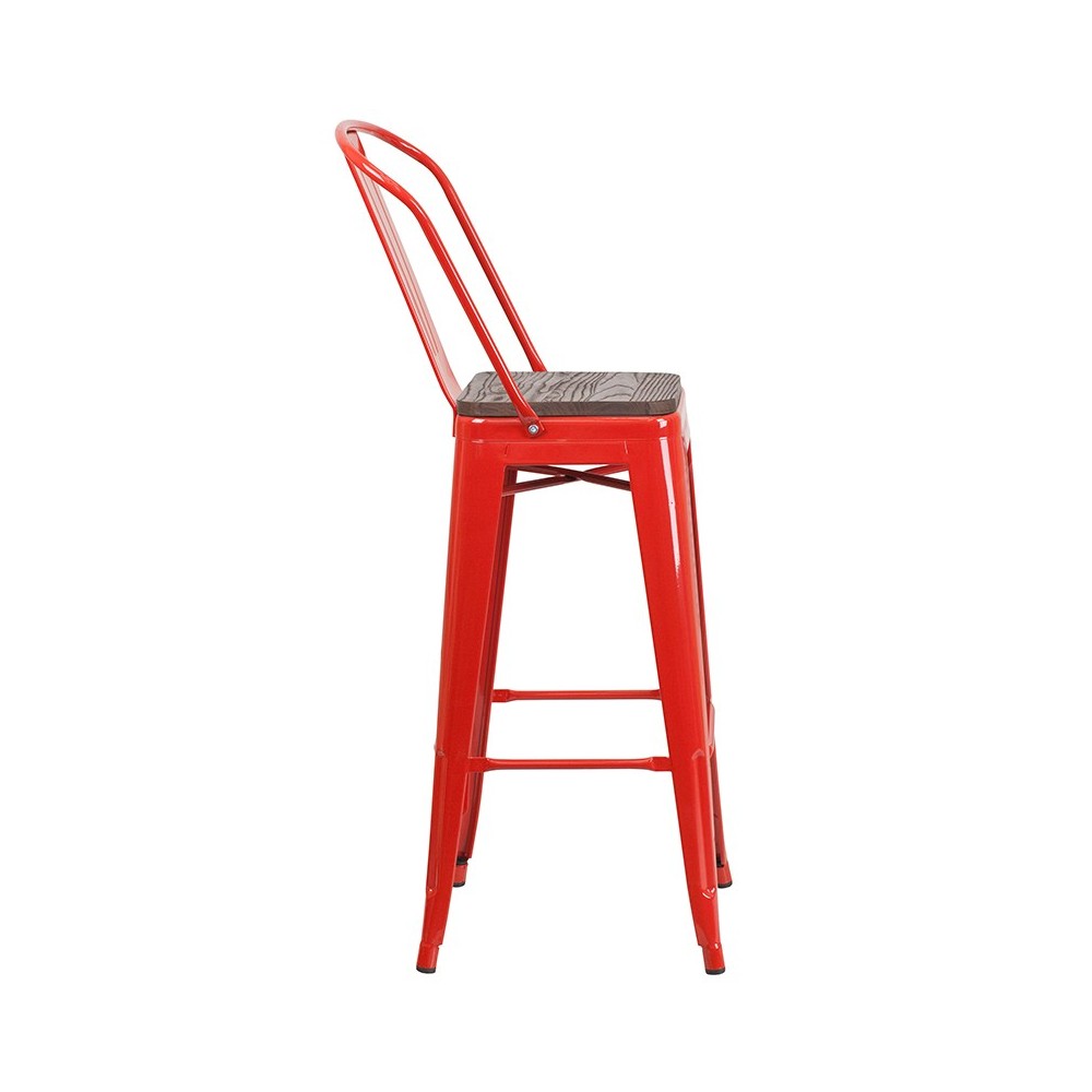 30" High Red Metal Barstool with Back and Wood Seat