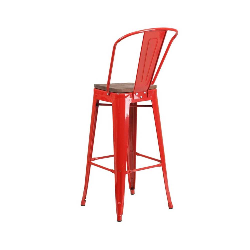 30" High Red Metal Barstool with Back and Wood Seat