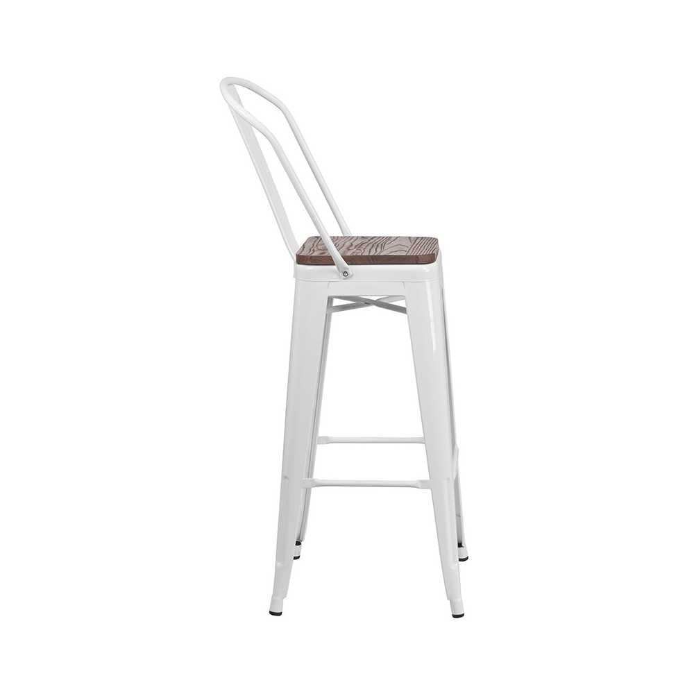 30" High White Metal Barstool with Back and Wood Seat