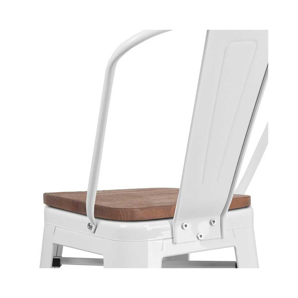 30" High White Metal Barstool with Back and Wood Seat