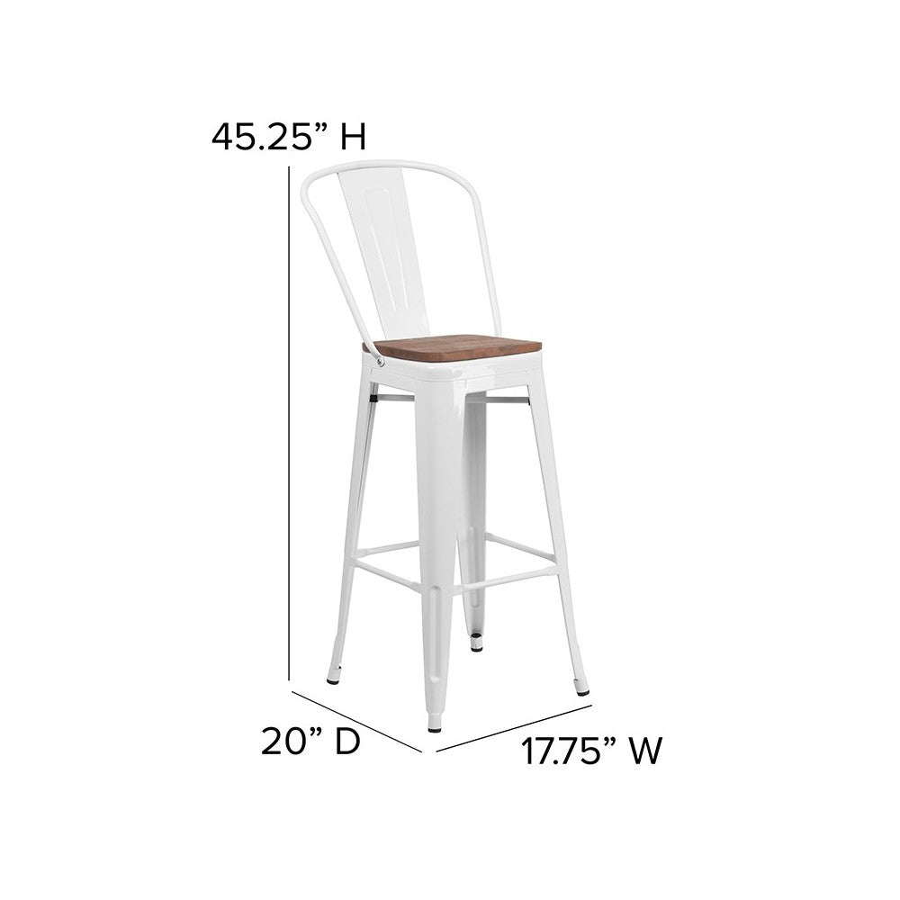 30" High White Metal Barstool with Back and Wood Seat