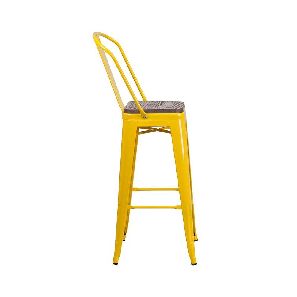 30" High Yellow Metal Barstool with Back and Wood Seat