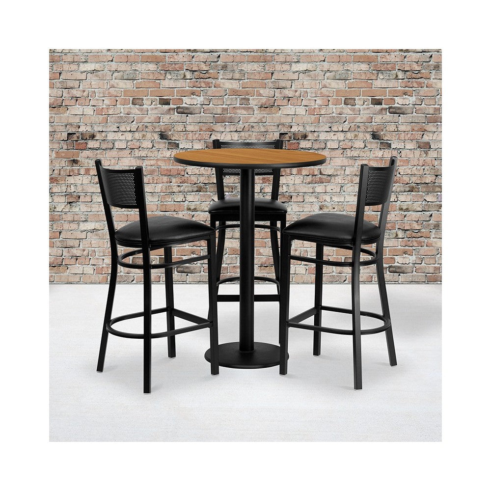 30'' Round Natural Laminate Table Set with 3 Grid Back Metal Barstools - Black Vinyl Seat