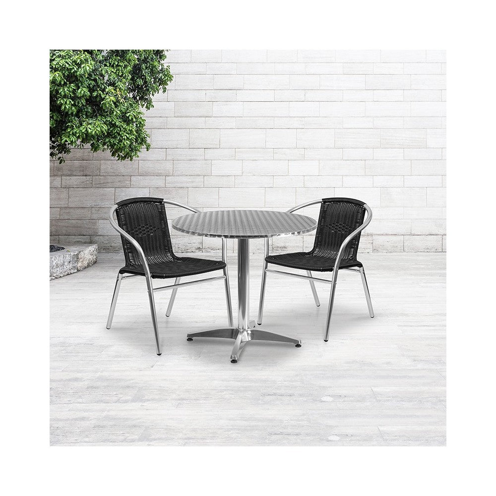 31.5'' Round Aluminum Indoor-Outdoor Table Set with 2 Black Rattan Chairs