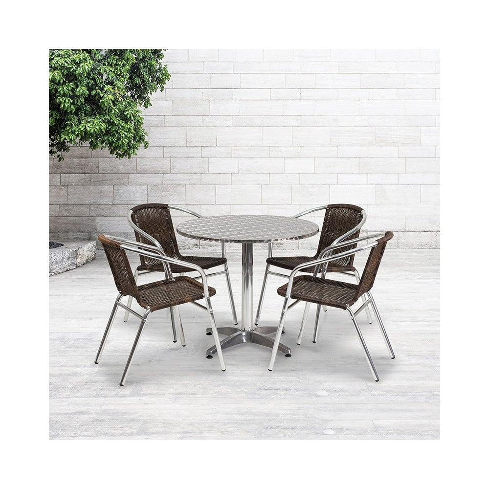 31.5'' Round Aluminum Indoor-Outdoor Table Set with 4 Dark Brown Rattan Chairs