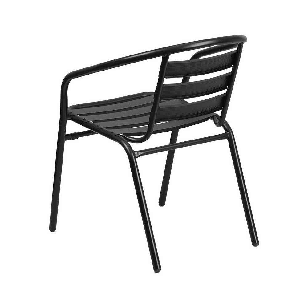 31.5'' Round Glass Metal Table with 4 Black Metal Aluminum Slat Stack Chairs