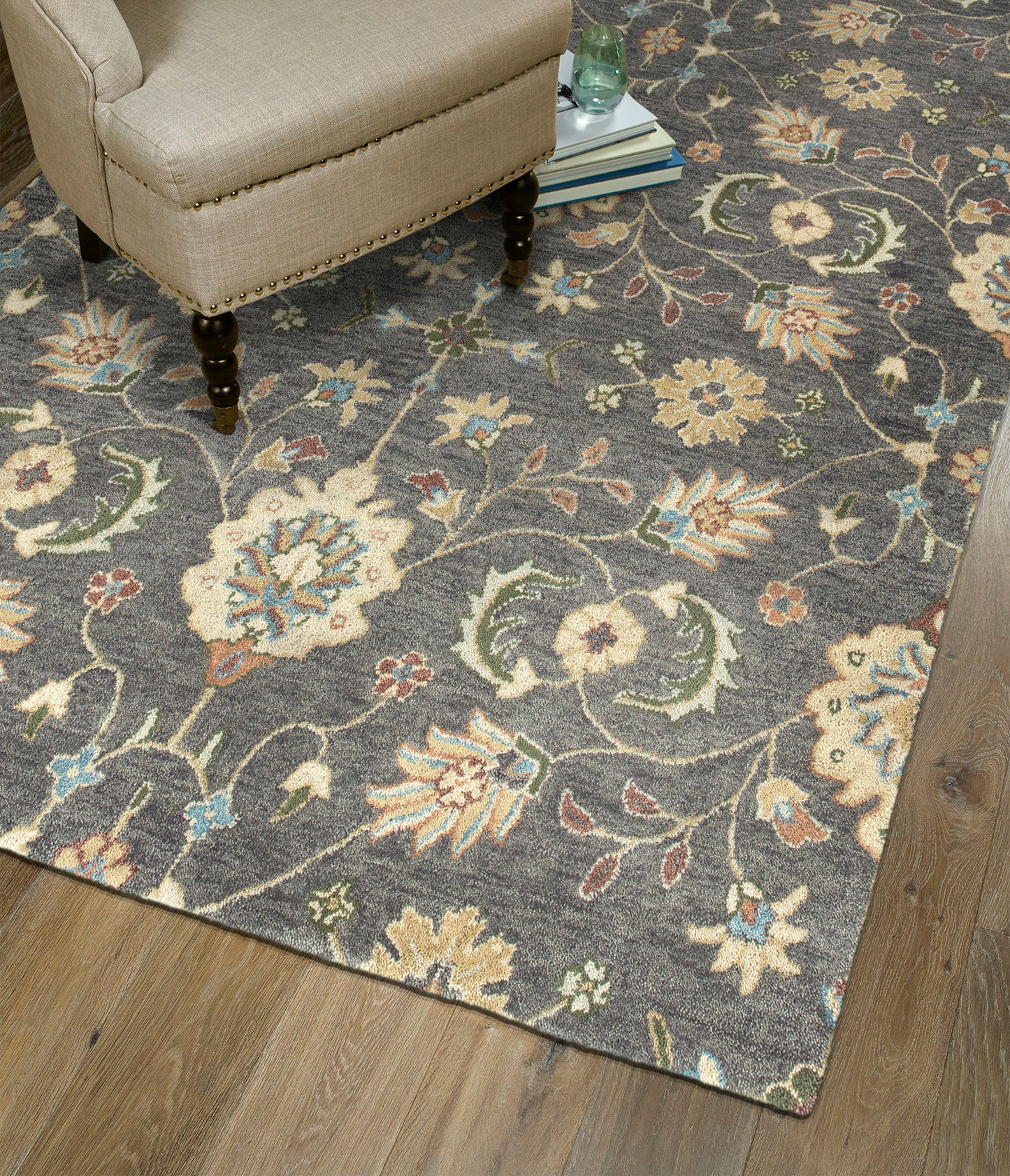 Kaleen Helena Collection Charcoal Background Beige Runner 2'6" x 8'