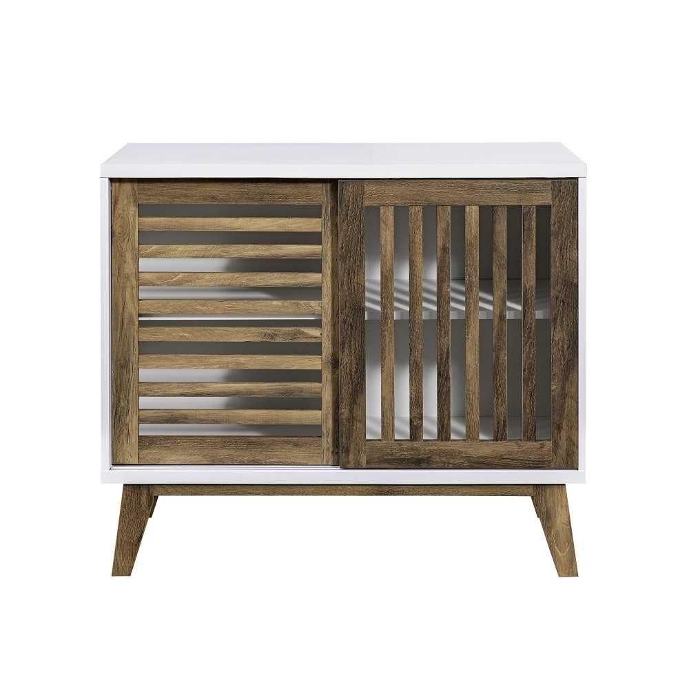 36" Modern 2 Sliding Slat Door Accent Cabinet - White/Rustic Oak
