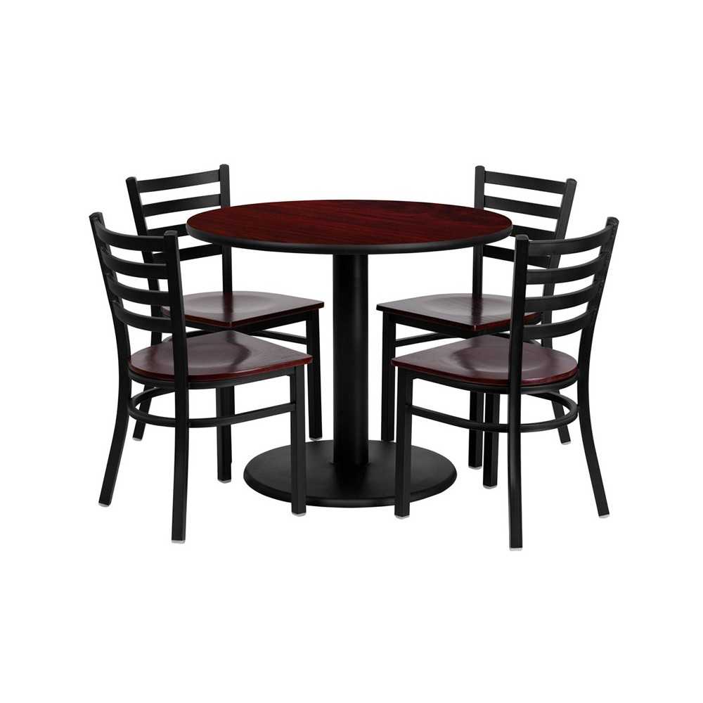 36'' Round Mahogany Laminate Table Set with 4 Ladder Back Metal Chairs - Mahogany Wood Seat