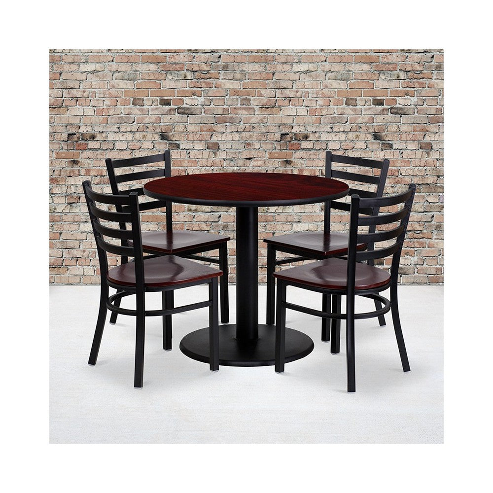 36'' Round Mahogany Laminate Table Set with 4 Ladder Back Metal Chairs - Mahogany Wood Seat