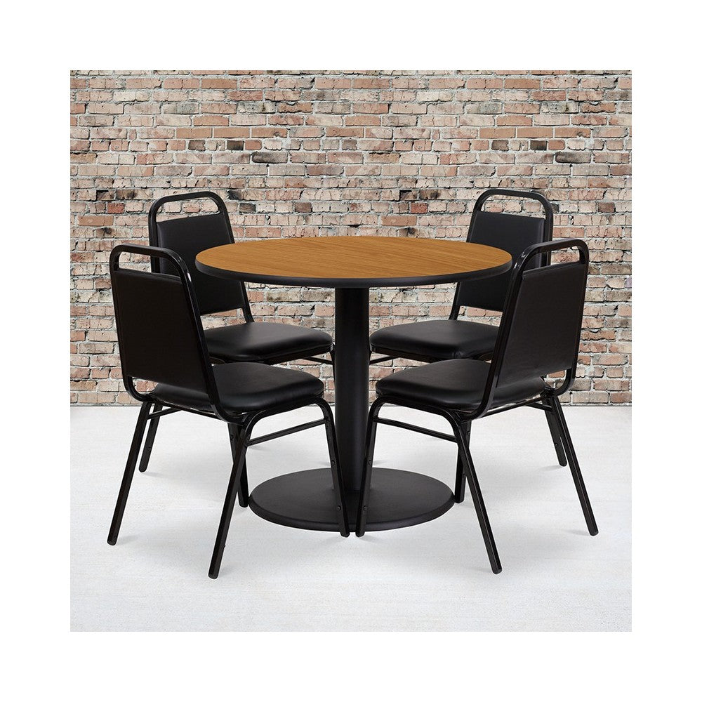 36'' Round Natural Laminate Table Set with Round Base and 4 Black Trapezoidal Back Banquet Chairs