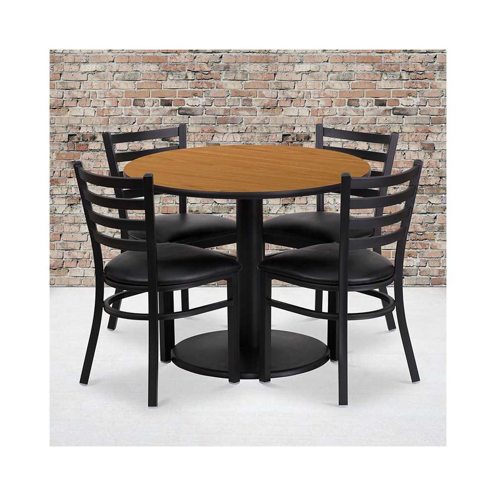 36'' Round Natural Laminate Table Set with Round Base and 4 Ladder Back Metal Chairs - Black Vinyl Seat