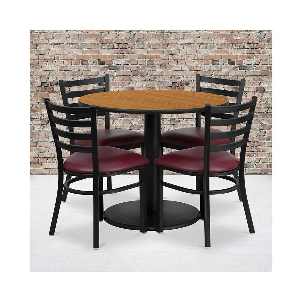 36'' Round Natural Laminate Table Set with Round Base and 4 Ladder Back Metal Chairs - Burgundy Vinyl Seat
